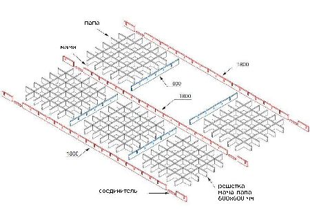 Подробная схема монтажа Грильято с ячейкой менее 75х75 мм